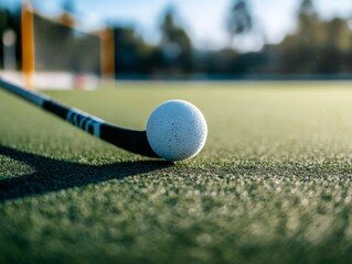 Hockey Stick and Ball Resting on Green Grass
