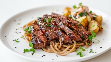 A delicious plate featuring steak, noodles, and roasted potatoes garnished with herbs.