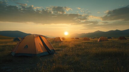 A serene camping scene at sunset with tents set in a grassy landscape.