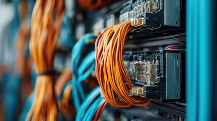 A close-up of vibrant, tangled network cables connected to server hardware, showcasing intricate technology infrastructure and data communication architecture.