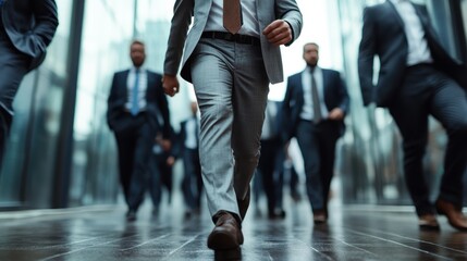 Blurred portrayal of businesspeople in motion, clad in bright suits, traversing a modern glass office. Captures themes of dynamism, business, and the corporate world.