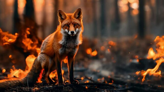 A fox in danger of forest fires, Wild animals in the context of climate change