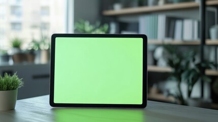 Green Screen Tablet on Desk in Modern Office
