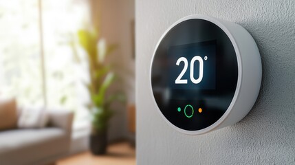 A modern digital thermostat displaying a temperature of 20C, mounted on a wall in a bright, stylish living space with a plant in the background.