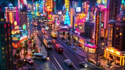 Miniature Cityscape with Neon Lights and Model Cars
