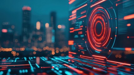 A futuristic cityscape with glowing neon patterns and digital interfaces, emphasizing technology and innovation.