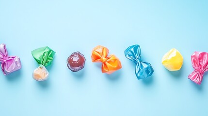 A row of colorful candies on a light blue background.