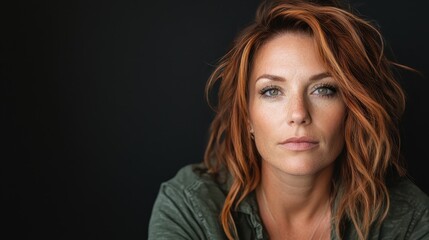 Fototapeta premium A serious expression is captured on the face of a red-haired woman wearing a green shirt, set against a dark background that accentuates her intensity and focus.