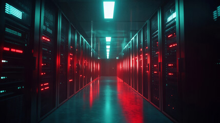 Advanced data server room with illuminated technology infrastructure