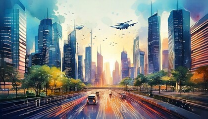 Obraz premium Futuristic cityscape in watercolor with glowing skyscrapers and flying vehicles