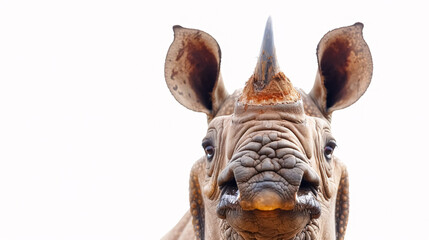 Portrait of a Surprised Rhinoceros: Close-up, isolated on a white background.