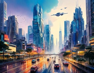 Naklejka premium Futuristic cityscape in watercolor with glowing skyscrapers and flying vehicles