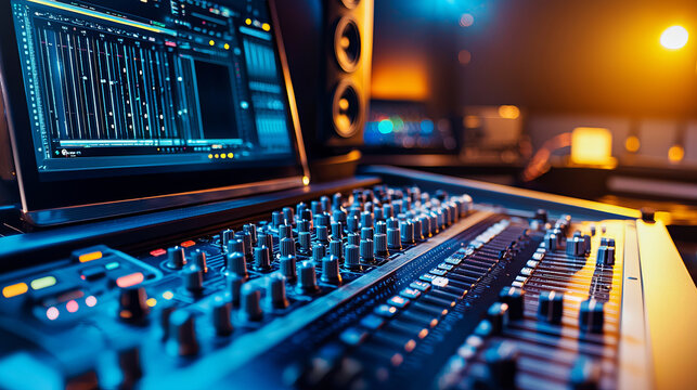 Modern music recording studio with professional control desk and equipment