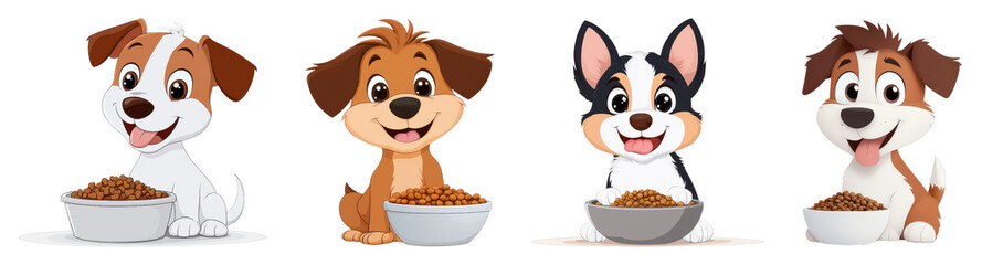 Four cartoon puppies joyfully eating from bowls, showcasing different breeds and playful expressions.