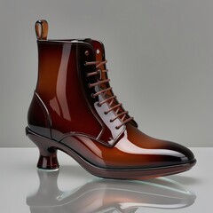 Glass sculpture of ankle boots with glossy gradient brown to tan finish, detailed stitching, heel, and laces, modern craftsmanship against light gray background, generative ai