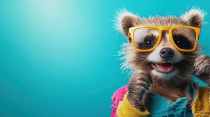 A playful raccoon wearing oversized yellow glasses poses charmingly in a colorful outfit, bringing a sense of joy and whimsy against a striking blue background.