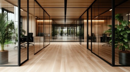 Fototapeta premium A refined office hallway with glass walls and a wooden ceiling, featuring natural light and potted plants, reflecting a modern and inspiring work environment.
