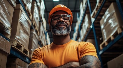 A confident warehouse worker dressed in an orange hard hat and shirt, exuding professionalism and contentment in an industrial storage environment.
