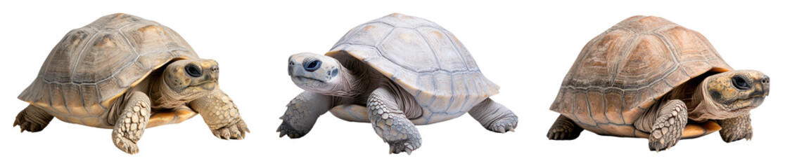 Fototapeta premium Three distinct turtles in varying colors and postures showcasing their unique shell patterns and features.