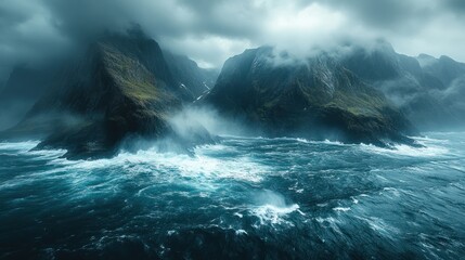 Obraz premium Dramatic stormy seas crashing against rugged, mist-shrouded mountains.