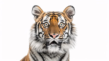 Fototapeta premium Portrait of a Surprised Tiger: Close-up, isolated on a white background.
