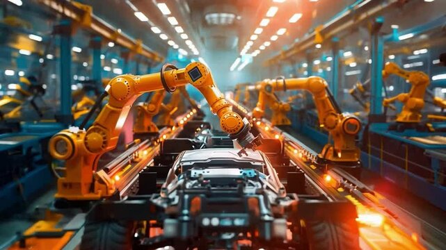 Arm of automobile production line. Large production line with industrial robot arms at modern factory. Automated manufacturing facility	
