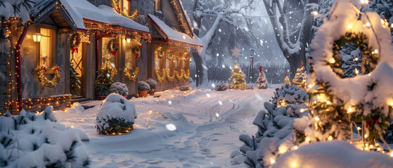 Obraz premium A snowy village home, its garden filled with Christmas lights and glowing decorations.