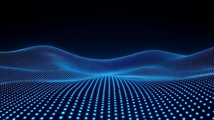 Abstract Digital Landscape with Glowing Blue Dots and Waves on Dark Background for Futuristic Concepts
