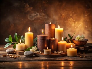 Obraz premium Serene Ambiance of Aromatic Candles in Low Light Setting with Copyspace for Relaxation and Meditation