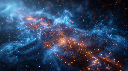 Futuristic Quantum Processor Blueprint Illuminated by Glowing Particles