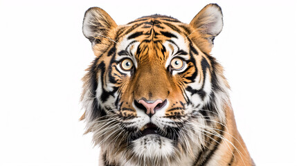 Fototapeta premium Portrait of a Surprised Tiger: Close-up, isolated on a white background.