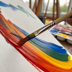 Artist painting vibrant rainbow strokes on canvas, expressing creativity and passion in a bright studio
