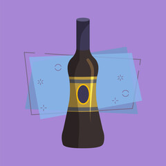 Wine cartoon illustration. Liqueur, balm, dark bottle with blank label. Alcohol concept. Vector illustration can be used for topics like bar menu, liquor store, wine house