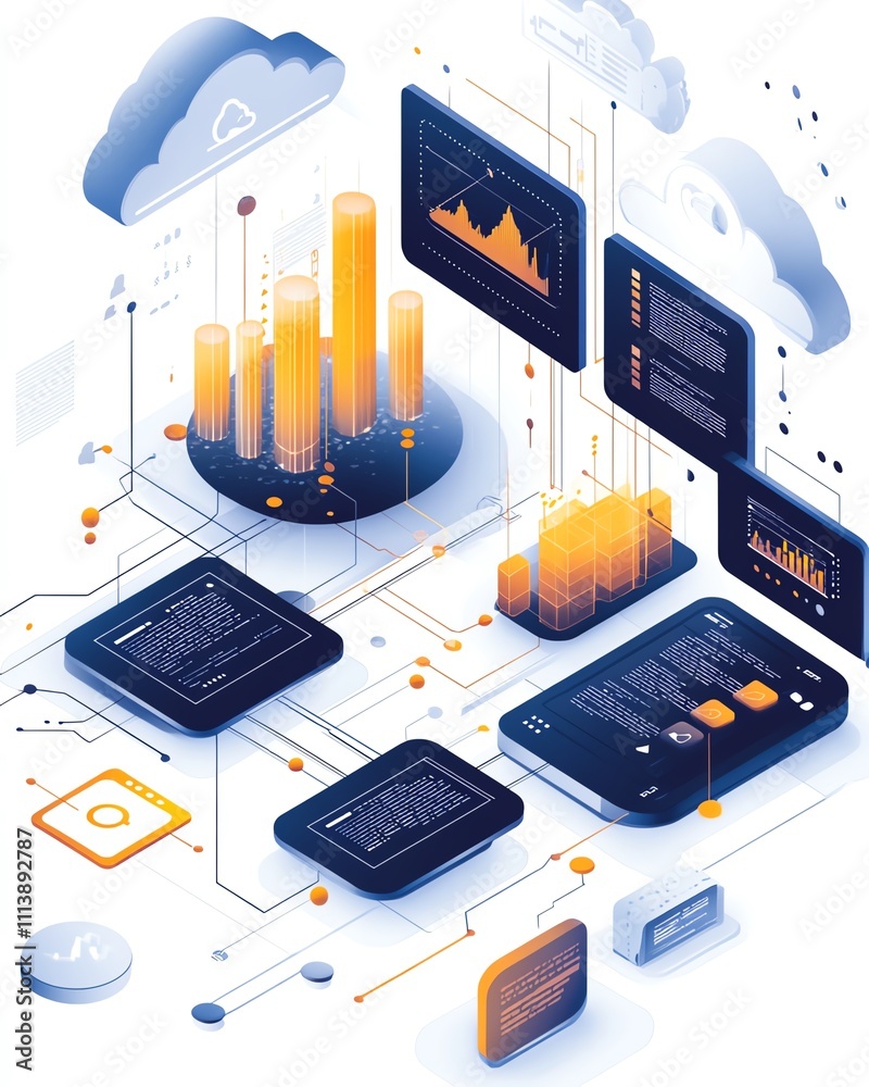 Poster API management and cloud computing visualized in a digital illustration
