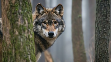 Fototapeta premium A wolf in the woods staring intently at the camera.