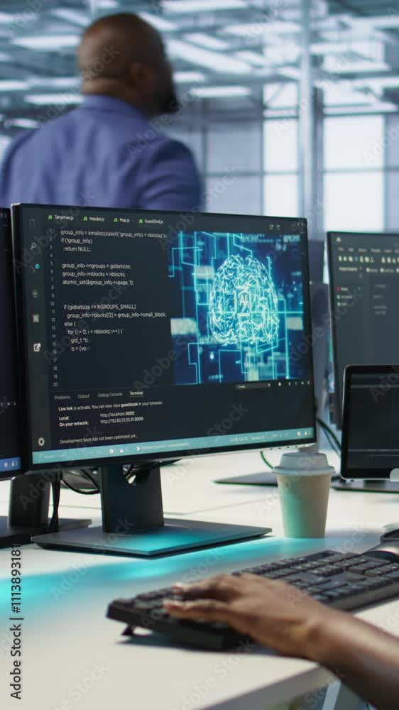 Poster vertical video engineer in data center implementing advanced ai driven predictive maintenance system