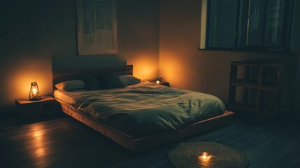 Serene Bedroom Scene Illuminated By Warm Lamplight