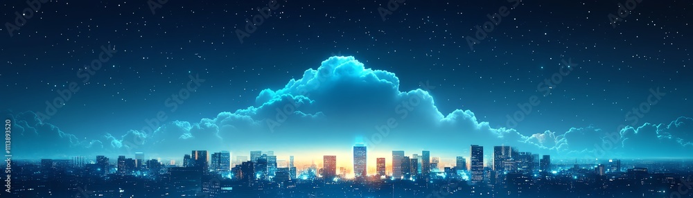 Poster Cloud computing concept with a digital cloud hovering over a cityscape, symbolizing data storage, technology, and the future of urban connectivity in a modern, techdriven world