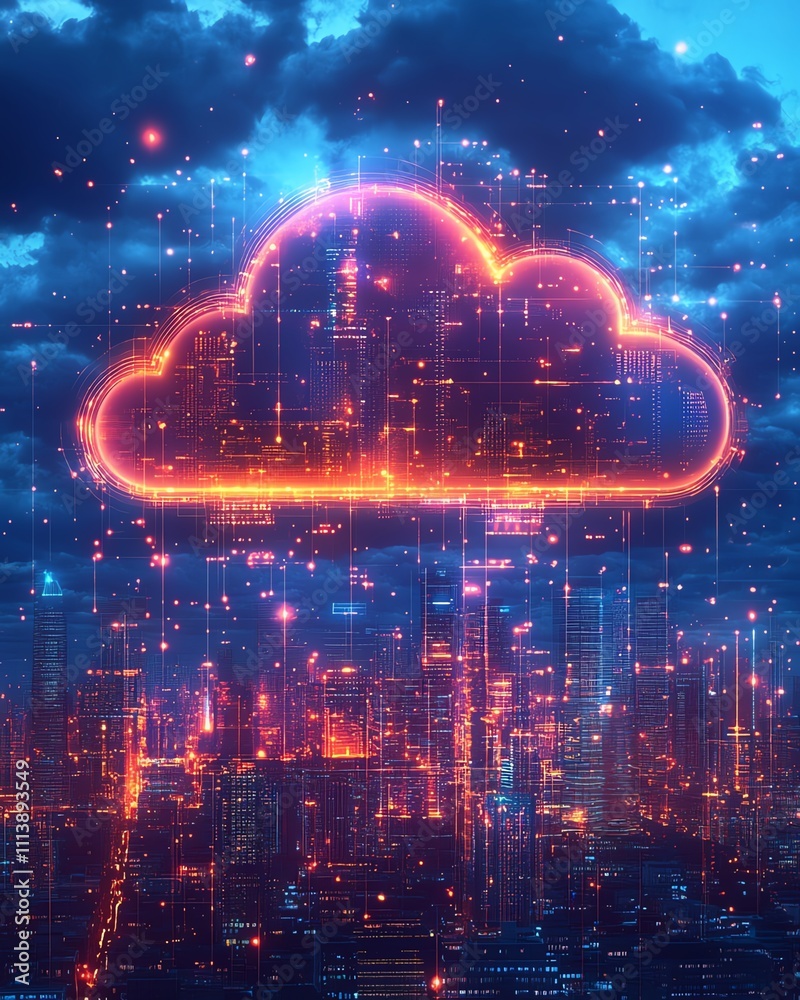 Poster Cloud computing concept with a digital cloud hovering over a cityscape, symbolizing data storage, technology, and the future of urban connectivity in a modern, techdriven world