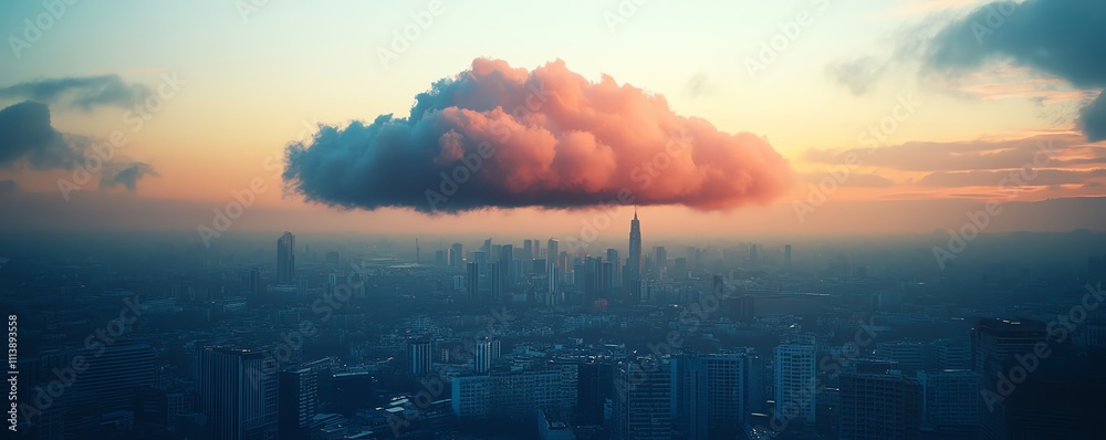Poster Cloud computing concept with a digital cloud hovering over a cityscape, symbolizing data storage, technology, and the future of urban connectivity in a modern, techdriven world