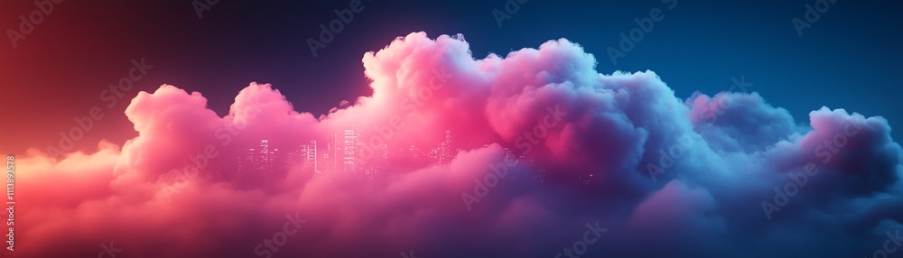 Poster Cloud computing concept with a digital cloud hovering over a cityscape, symbolizing data storage, technology, and the future of urban connectivity in a modern, techdriven world