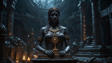 Obraz premium Statue of Pandora, holding a mysterious box, set against a world of light and darkness, with fate and choice symbols carved on the base.
