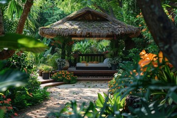 outdoor Thai massage pavilion located in a tropical garden