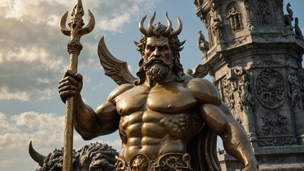 Obraz premium Statue of Triton, holding a golden trident, with golden waves and sea monsters in the background, with ocean and dominion symbols carved on the base.