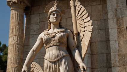Obraz premium Statue of Athena, wearing an olive wreath, holding a shield, set against an ancient Greek temple, reliefs of wisdom and justice carved on the base.