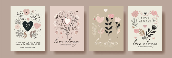 Naklejka premium Set of Minimalist Valentine's Day Cards in Soft Pastel Colors. Elegant Floral and Heart Motifs with Romantic Messages Like 'Love Always' and 'Be Mine'. Perfect for Holiday Designs