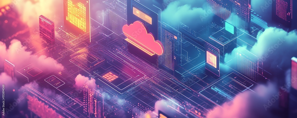 Aufkleber Digital illustration of cloud computing with API management concepts, showcasing seamless data flow, analytics, and network connectivity in a modern, techdriven environment