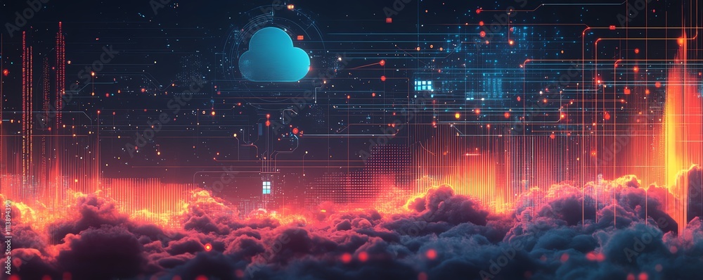 Aufkleber Digital illustration of cloud computing with API management concepts, showcasing seamless data flow, analytics, and network connectivity in a modern, techdriven environment