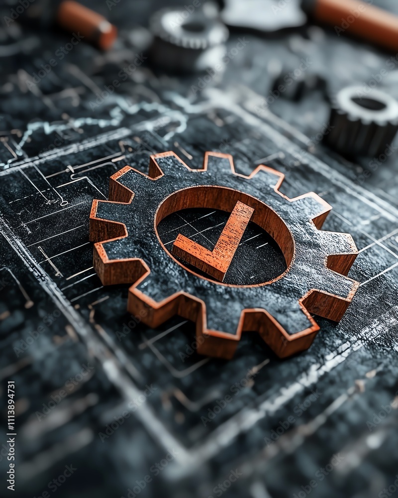 Fototapete gears and a checkmark representing process optimization