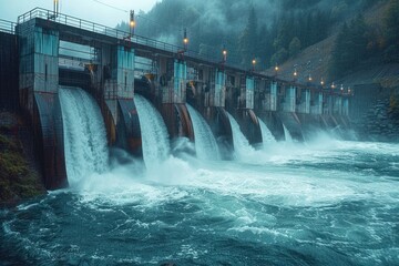 hydroelectric dams with a cascade of water pouring through their turbines
